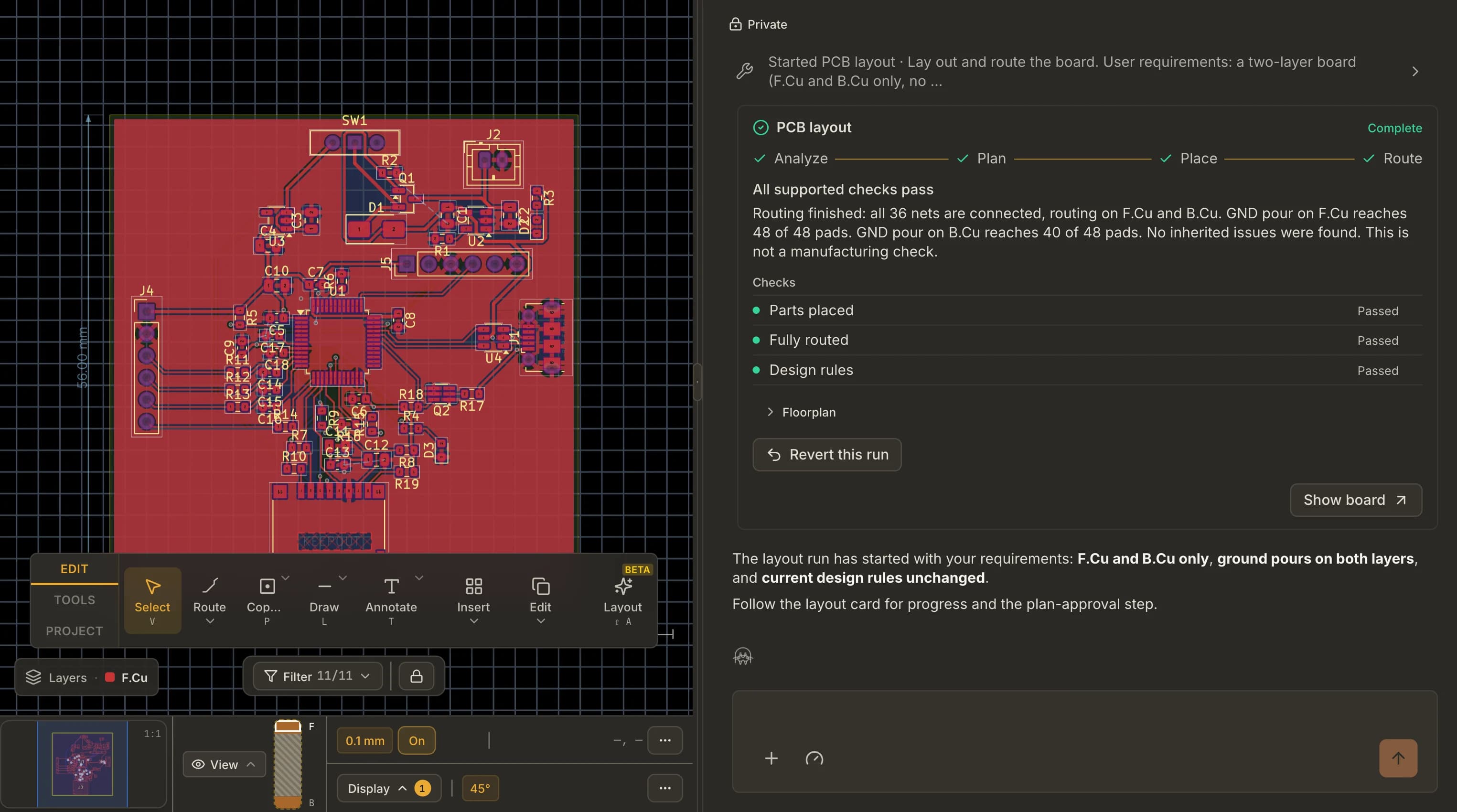 A completed Resin AI layout run in Chat, with its checks passed, beside the two-layer board it placed and routed