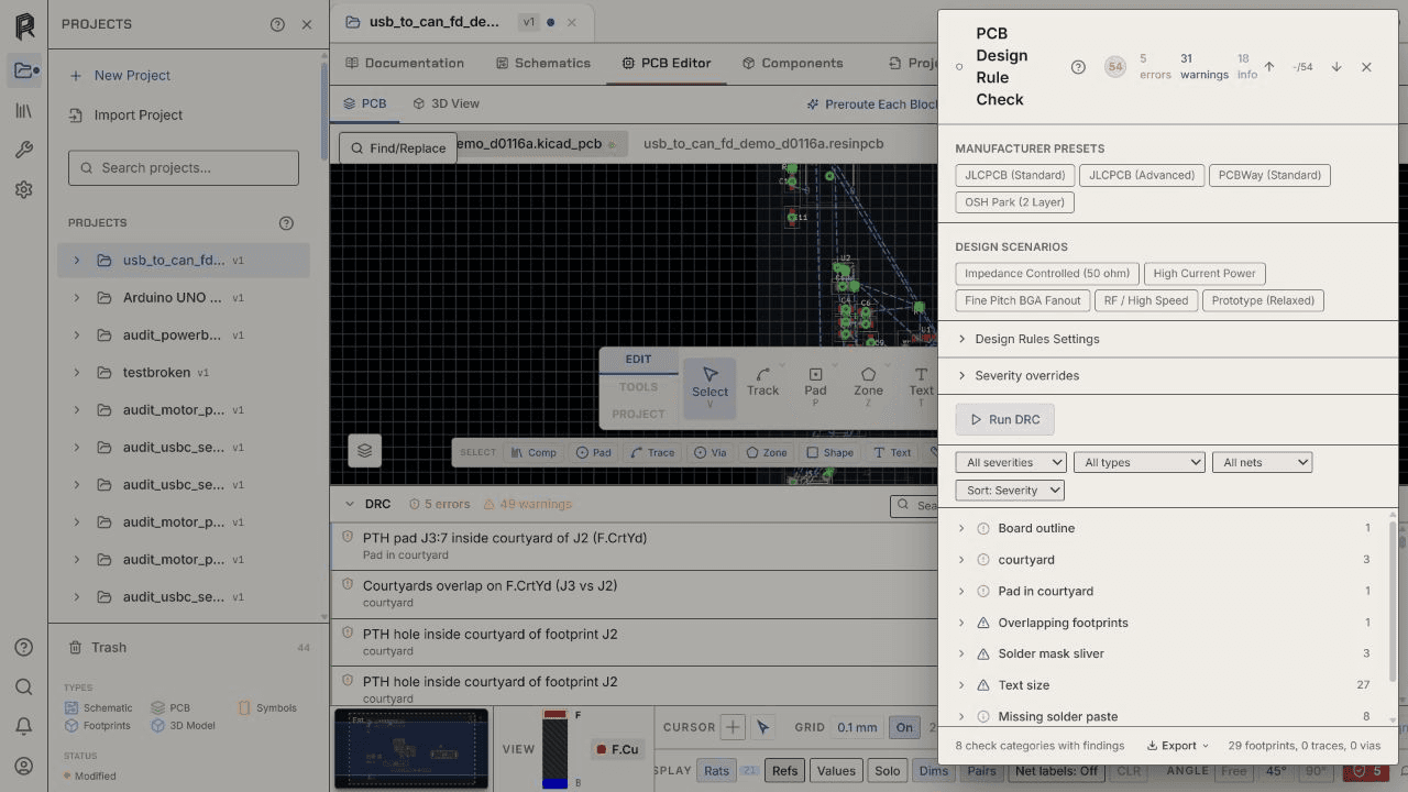 Native Resin DRC showing 54 findings for the USB-to-CAN FD pre-layout project