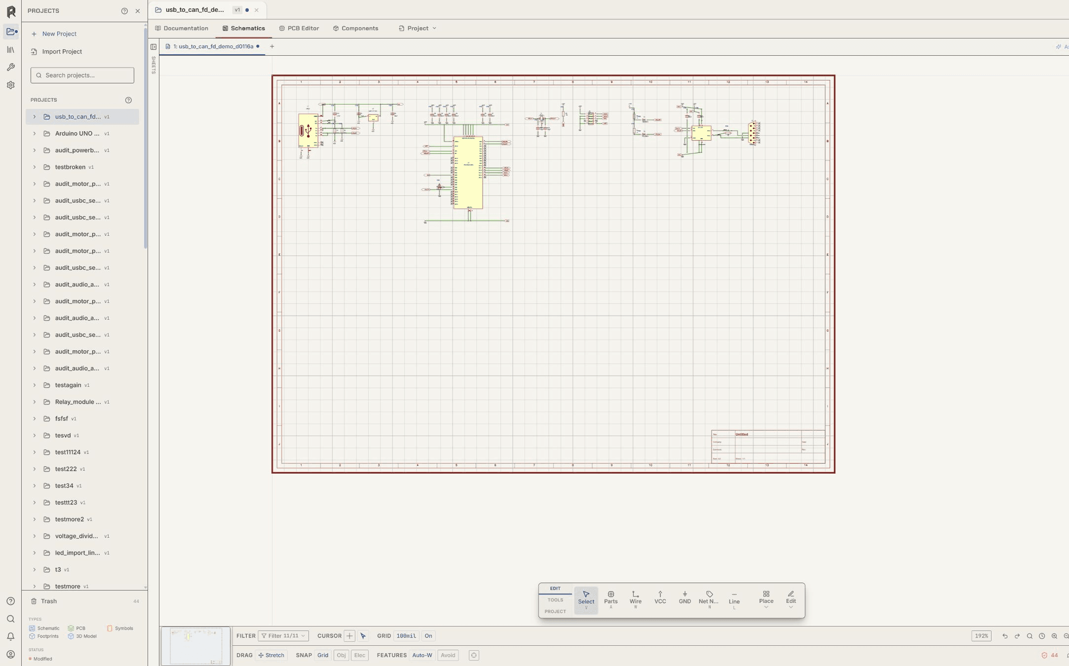 Populated USB-to-CAN FD schematic open in Resin