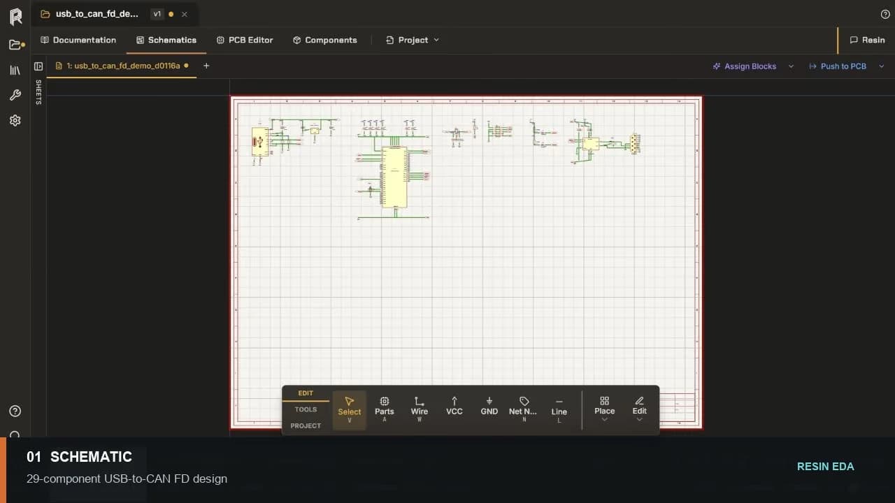 A Resin project moving across schematic, BOM, PCB, outputs, and history
