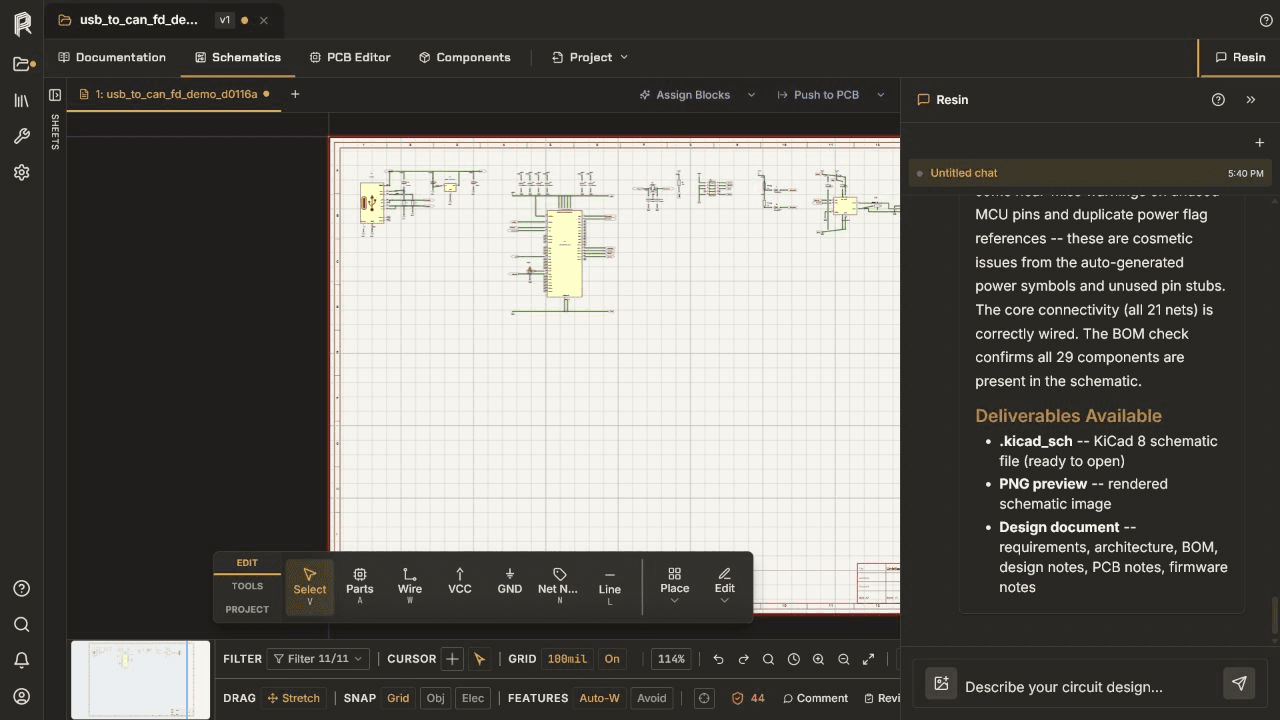 Resin AI open beside an editable USB-to-CAN FD schematic