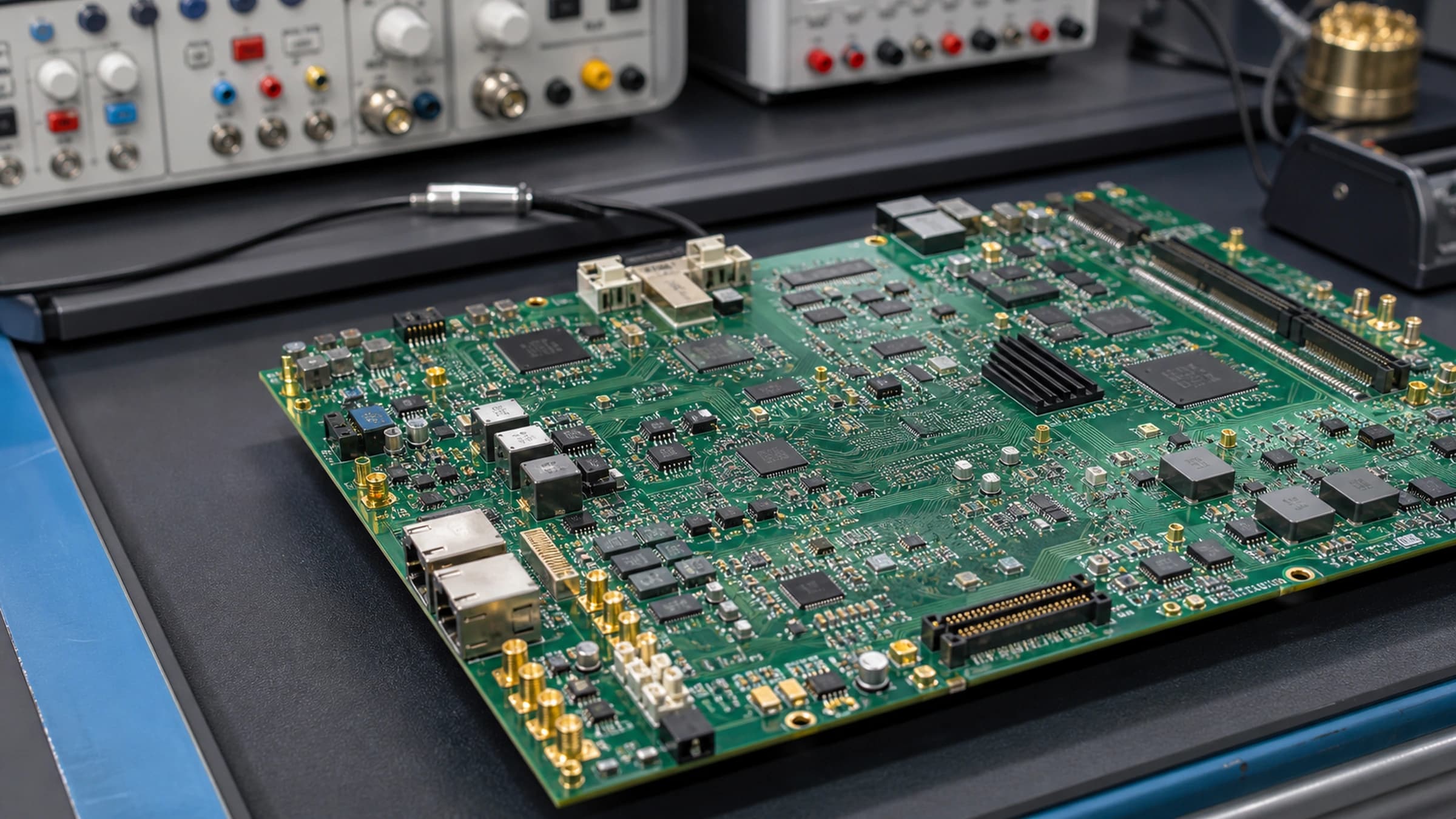 Populated PCB beside electronics test equipment