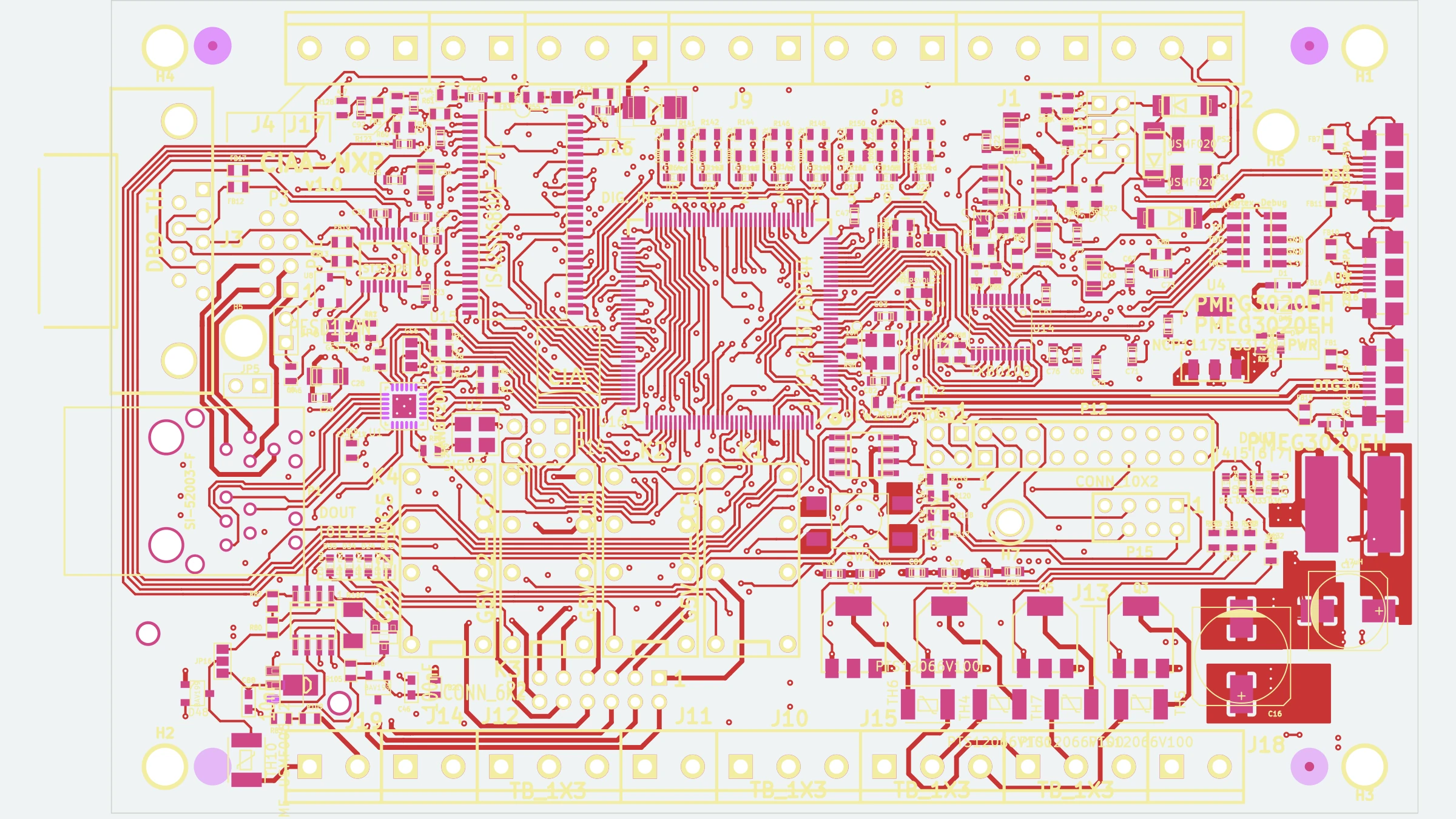 Front copper, mask, and silkscreen render of the four-layer CIAA-NXP industrial controller