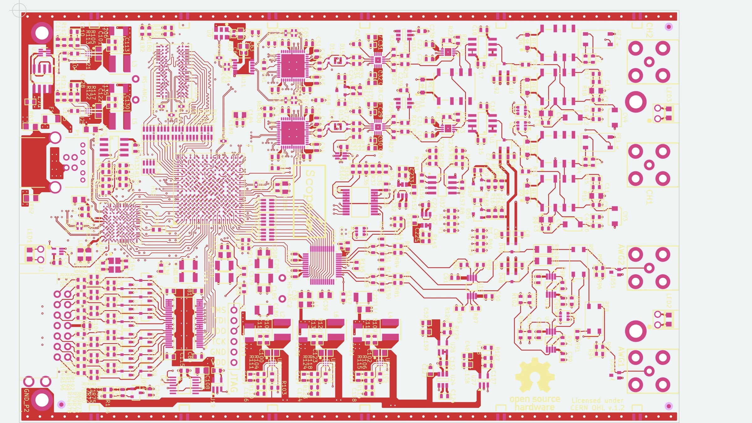 Front copper, mask, and silkscreen render of the six-layer ScopeFun v2 mixed-signal instrument board