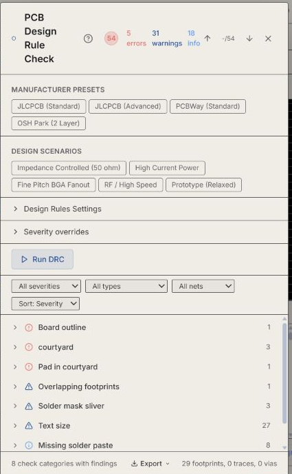 Design-rule-check results with manufacturer presets available