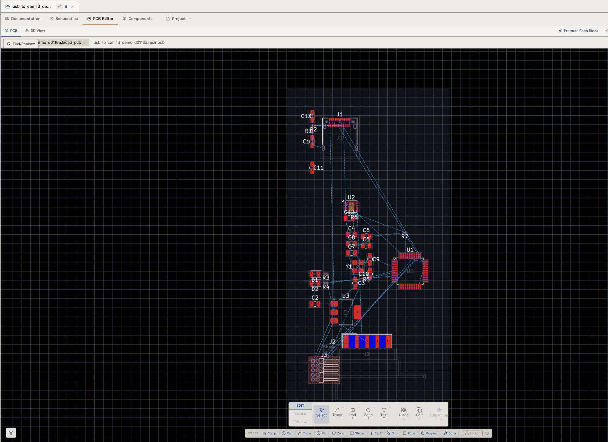 The USB-to-CAN FD board mid-layout in the Resin PCB editor, with placed components and an unrouted ratsnest