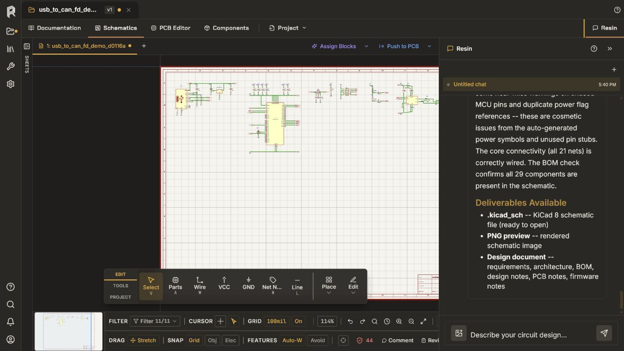 Resin AI beside the USB-to-CAN FD schematic