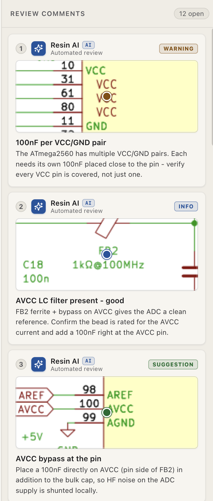 Automated design-review comments from Resin AI, with schematic context and explanations